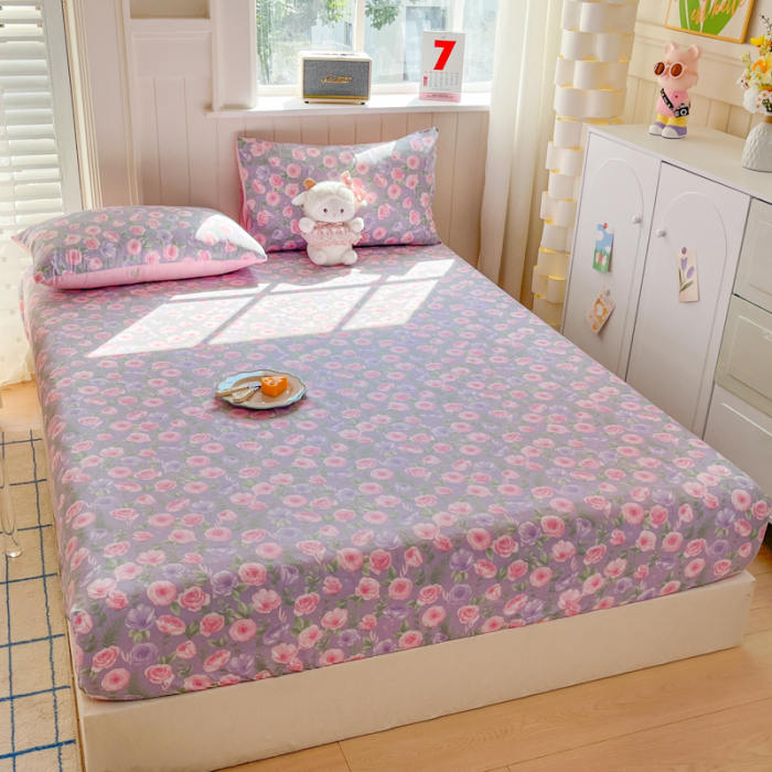 Husa Din Bumbac 100% Ranforce Cu Elastic Si Fete De Perna 160x200cm - Lila Cu Flori Roz [3]