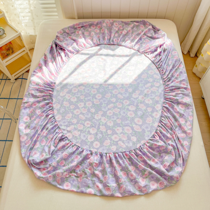 Husa Din Bumbac 100% Ranforce Cu Elastic Si Fete De Perna 160x200cm - Lila Cu Flori Roz [9]