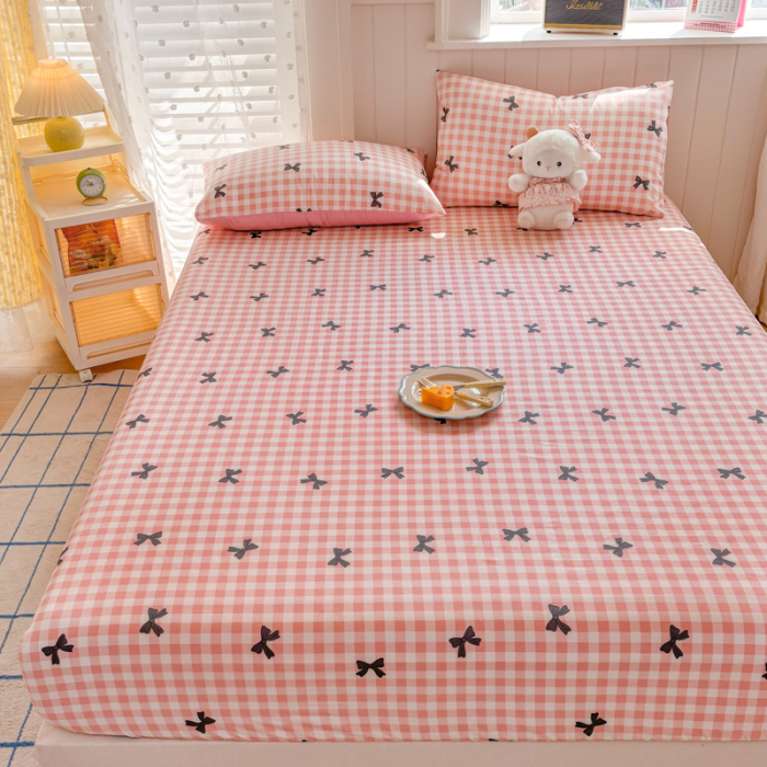 Husa Din Bumbac 100% Ranforce Cu Elastic Si Fete De Perna 160x200cm - Patratele Roz Cu Fundite [6]