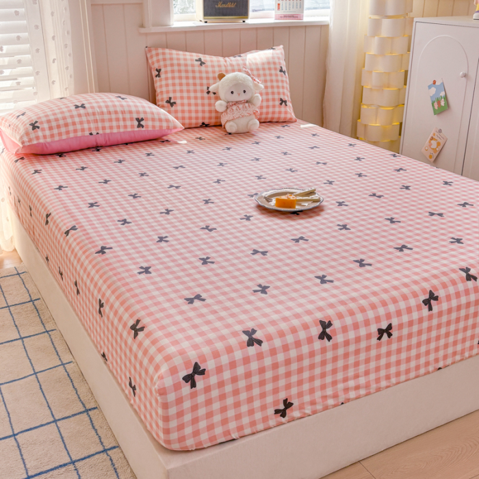 Husa Din Bumbac 100% Ranforce Cu Elastic Si Fete De Perna 160x200cm - Patratele Roz Cu Fundite [8]