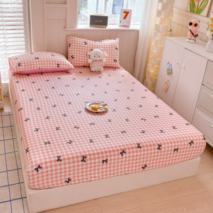 Husa Din Bumbac 100% Ranforce Cu Elastic Si Fete De Perna 160x200cm - Patratele Roz Cu Fundite [10]