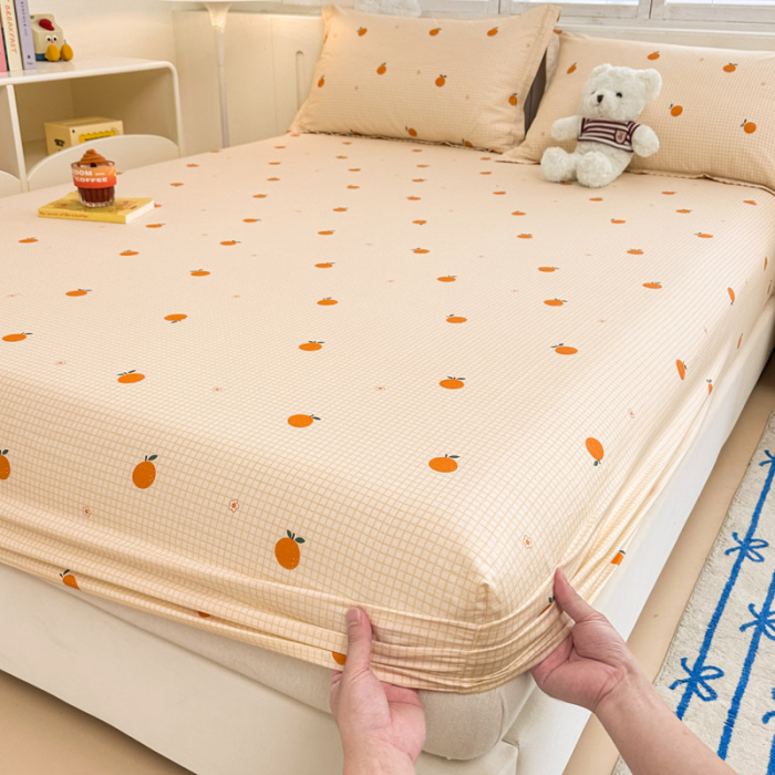 Husa Din Bumbac 100% Ranforce Cu Elastic Si Fete De Perna 160x200cm - Portocale Si Patratele [2]