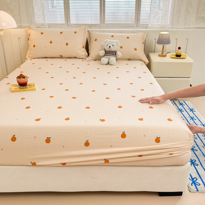 Husa Din Bumbac 100% Ranforce Cu Elastic Si Fete De Perna 160x200cm - Portocale Si Patratele [12]