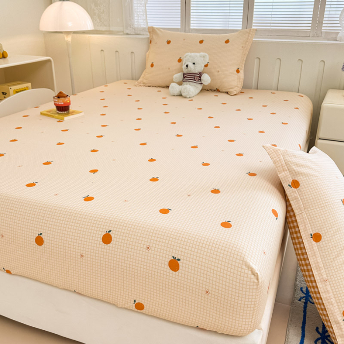 Husa Din Bumbac 100% Ranforce Cu Elastic Si Fete De Perna 160x200cm - Portocale Si Patratele [10]