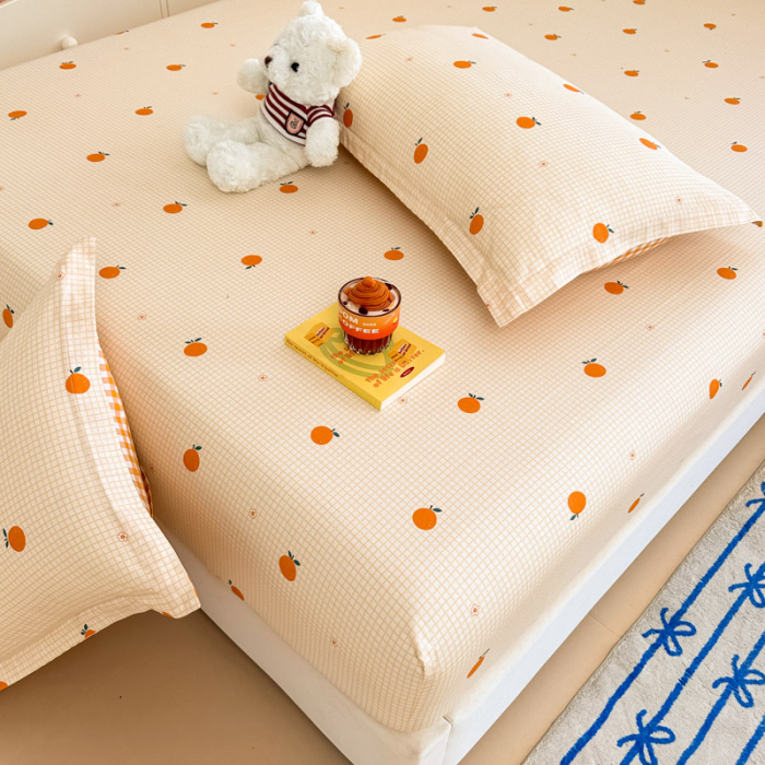 Husa Din Bumbac 100% Ranforce Cu Elastic Si Fete De Perna 160x200cm - Portocale Si Patratele [4]