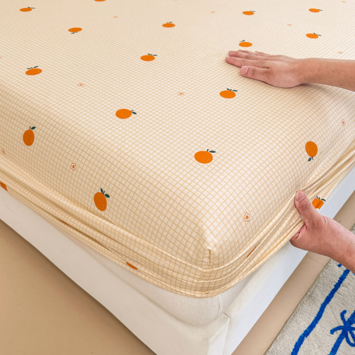 Husa Din Bumbac 100% Ranforce Cu Elastic Si Fete De Perna 160x200cm - Portocale Si Patratele [3]