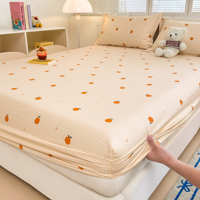 Husa Din Bumbac 100% Ranforce Cu Elastic Si Fete De Perna 160x200cm - Portocale Si Patratele [8]