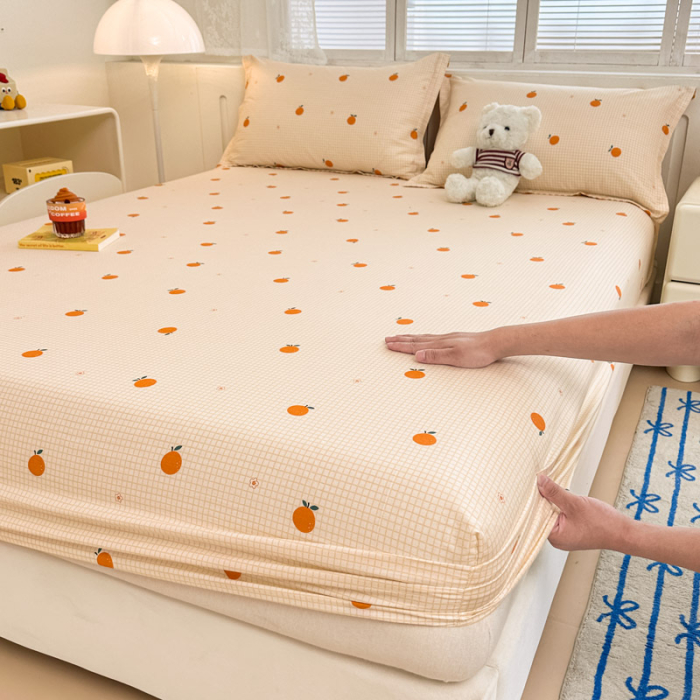 Husa Din Bumbac 100% Ranforce Cu Elastic Si Fete De Perna 160x200cm - Portocale Si Patratele [6]