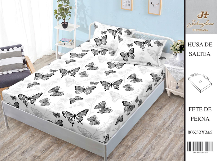 Husa Din Bumbac Satinat Cu Elastic Si Fete De Perna 160X200cm - Alb Cu Fluturasi [1]