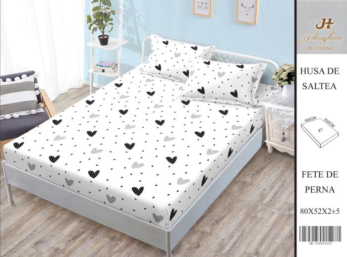 Husa Din Bumbac Satinat Cu Elastic Si Fete De Perna 160X200cm - Alb Cu Inimioare [1]