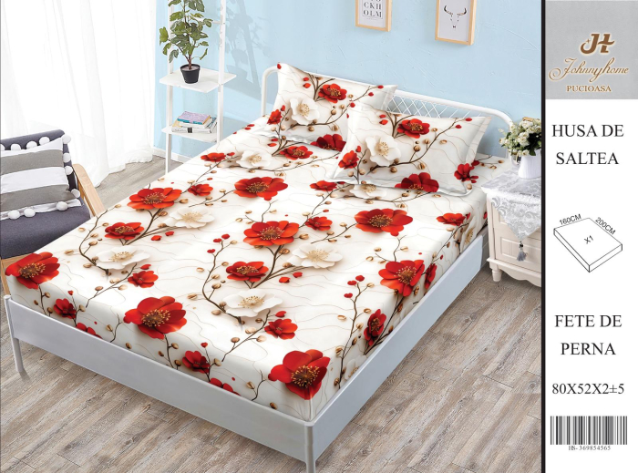 Husa Din Bumbac Satinat Cu Elastic Si Fete De Perna 160X200cm - Flori Albe Si Rosii [1]