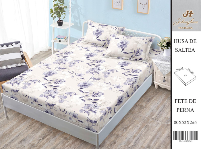 Husa Din Bumbac Satinat Cu Elastic Si Fete De Perna 160X200cm - Flori Lila [1]