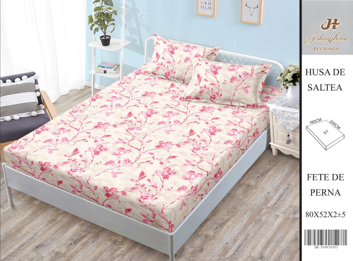 Husa Din Bumbac Satinat Cu Elastic Si Fete De Perna 160X200cm - Flori Roz [1]