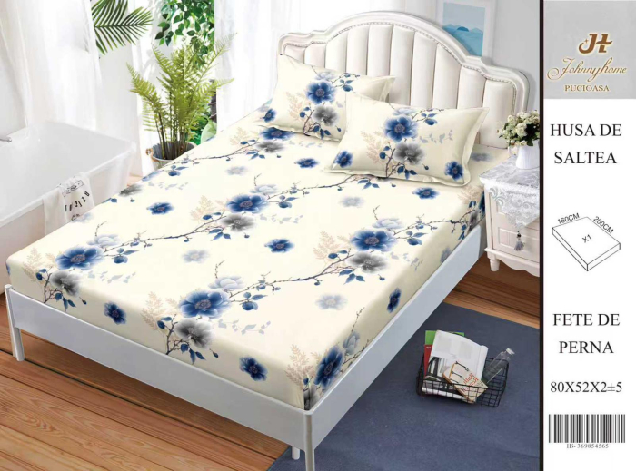 Husa Din Bumbac Satinat Cu Elastic Si Fete De Perna 160X200cm - Floricele Albastre [1]