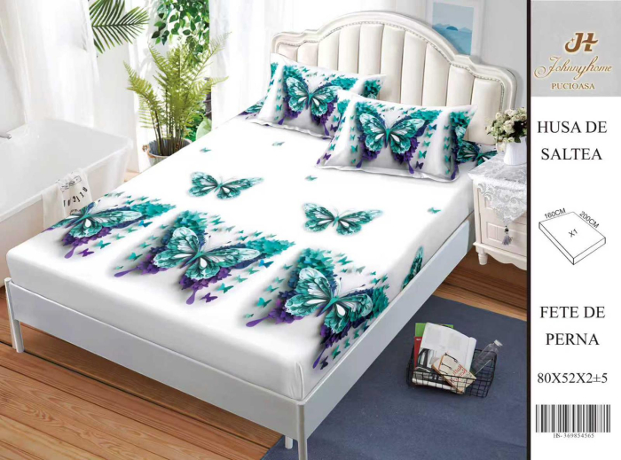 Husa Din Bumbac Satinat Cu Elastic Si Fete De Perna 160X200cm - Fluturi Turcoaz Si Mov [1]