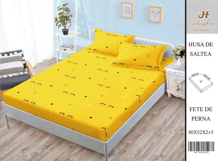 Husa Din Bumbac Satinat Cu Elastic Si Fete De Perna 160X200cm - Galbena Cu Gene [1]