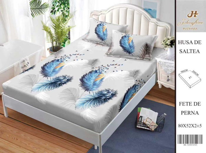 Husa Din Bumbac Satinat Cu Elastic Si Fete De Perna 160X200cm - Gri Cu Pene Albastre [1]