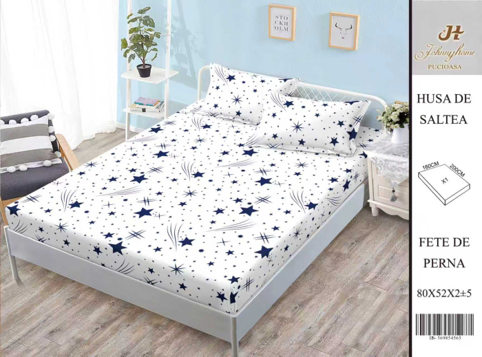 Husa Din Bumbac Satinat Cu Elastic Si Fete De Perna 160X200cm - Husa Din Bumbac Satinat Cu Elastic Si Fete De Perna 160X200cm - Constelatie Pe Alb [1]