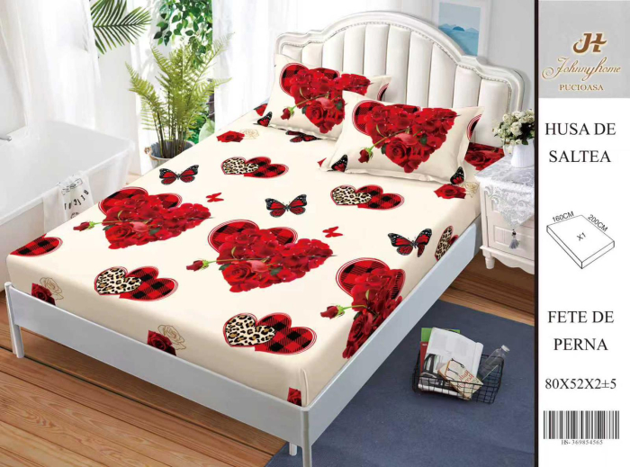 Husa Din Bumbac Satinat Cu Elastic Si Fete De Perna 160X200cm - Inimioare Din Trandafiri [1]