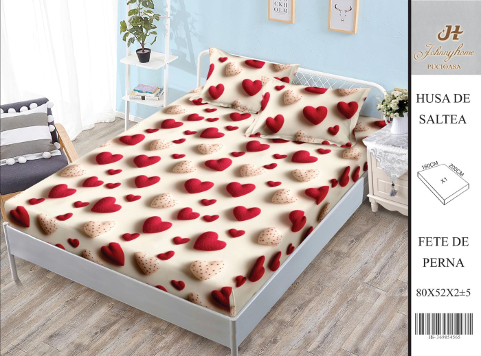 Husa Din Bumbac Satinat Cu Elastic Si Fete De Perna 160X200cm - Inimioare Dulci [1]