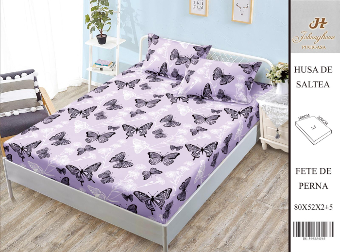 Husa Din Bumbac Satinat Cu Elastic Si Fete De Perna 160X200cm - Lila Cu Fluturasi [1]
