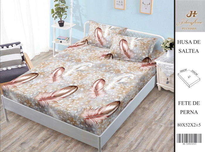 Husa Din Bumbac Satinat Cu Elastic Si Fete De Perna 160X200cm - Pene Maro [1]