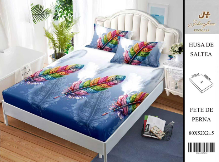 Husa Din Bumbac Satinat Cu Elastic Si Fete De Perna 160X200cm - Pene Multicolore [1]