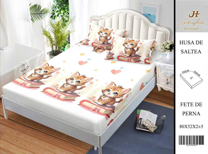 Husa Din Bumbac Satinat Cu Elastic Si Fete De Perna 160X200cm - Pisicute Si Carti [1]