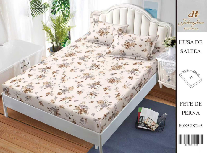 Husa Din Bumbac Satinat Cu Elastic Si Fete De Perna 160X200cm - Rozaliu Cu Flori [1]