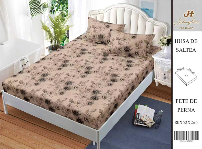 Husa Din Bumbac Satinat Cu Elastic Si Fete De Perna 160X200cm - Trandafiri Maro [1]