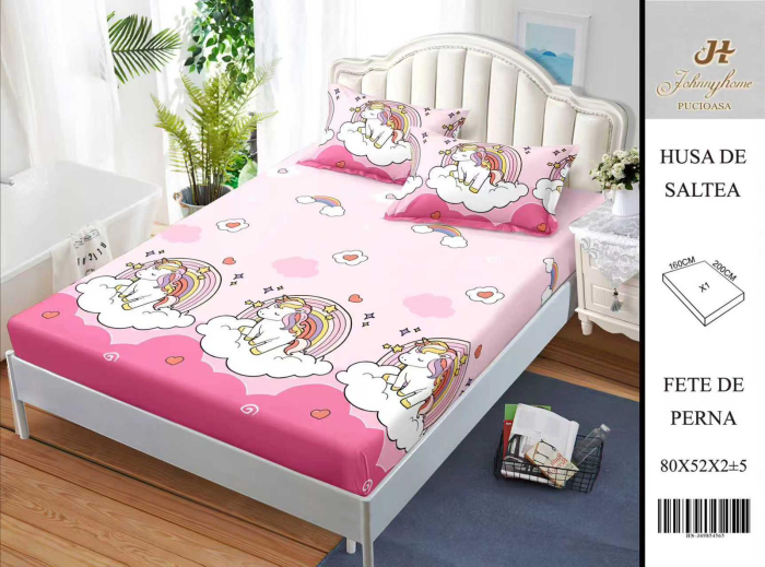 Husa Din Bumbac Satinat Cu Elastic Si Fete De Perna 160X200cm - Unicorn Pe Norisori [1]