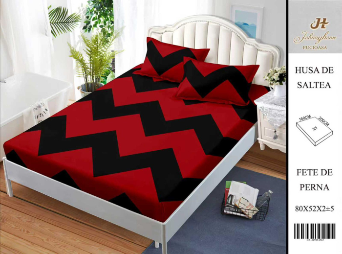 Husa Din Bumbac Satinat Cu Elastic Si Fete De Perna 160X200cm - Zig Zag Rosu Cu Negru [1]