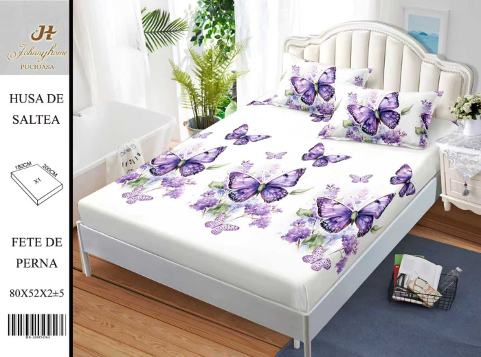 Husa Din Bumbac Satinat Cu Elastic Si Fete De Perna 180x200cm - Alb Cu Fluturasi Lila [1]