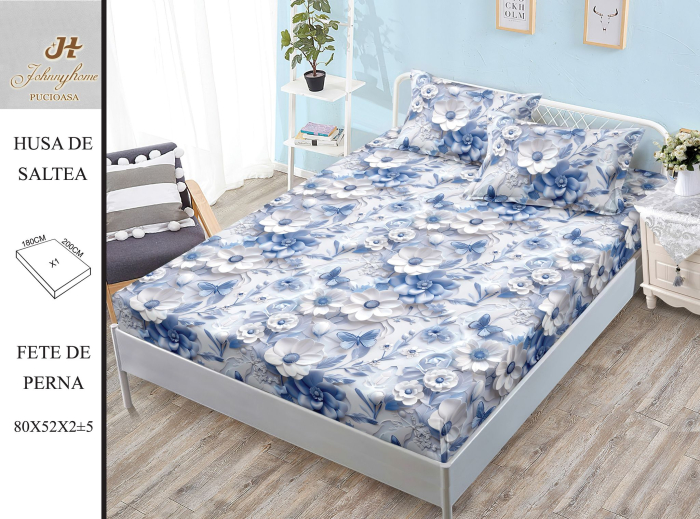 Husa Din Bumbac Satinat Cu Elastic Si Fete De Perna 180x200cm - Baby Blue Cu Flori [1]