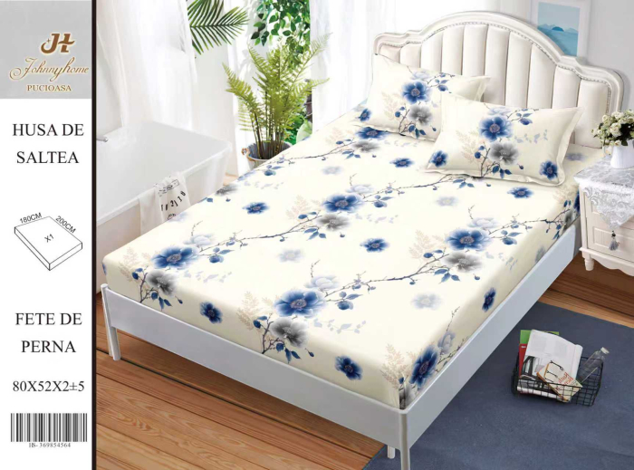 Husa Din Bumbac Satinat Cu Elastic Si Fete De Perna 180x200cm - Floricele Albastre [1]