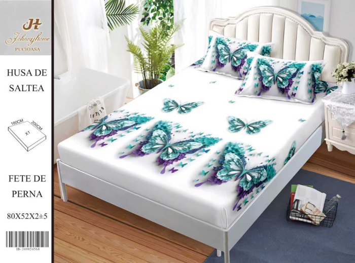 Husa Din Bumbac Satinat Cu Elastic Si Fete De Perna 180x200cm - Fluturi Turcoaz Si Mov [1]