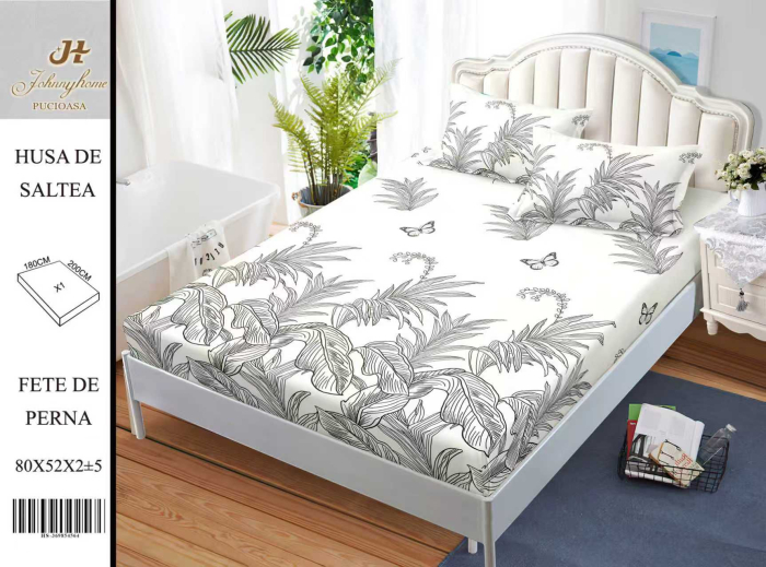 Husa Din Bumbac Satinat Cu Elastic Si Fete De Perna 180X200cm - Frunze Creionate [1]