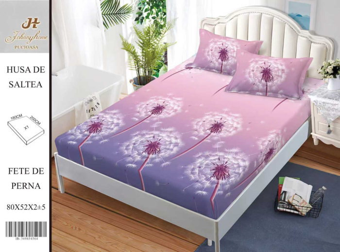 Husa Din Bumbac Satinat Cu Elastic Si Fete De Perna 180X200cm - Mov Degrade Cu Papadii [1]