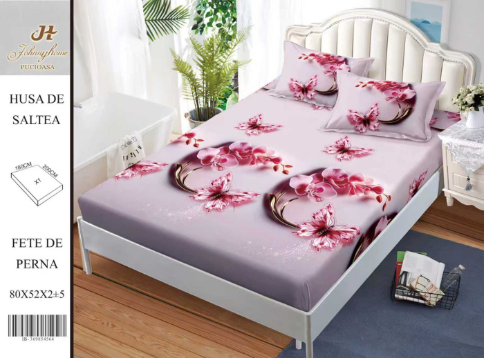 Husa Din Bumbac Satinat Cu Elastic Si Fete De Perna 180X200cm - Orhidee Si Fluturi [1]