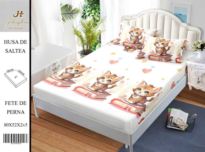 Husa Din Bumbac Satinat Cu Elastic Si Fete De Perna 180x200cm - Pisicute Si Carti [1]