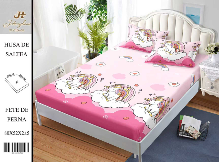 Husa Din Bumbac Satinat Cu Elastic Si Fete De Perna 180x200cm - Unicorn Pe Norisori [1]