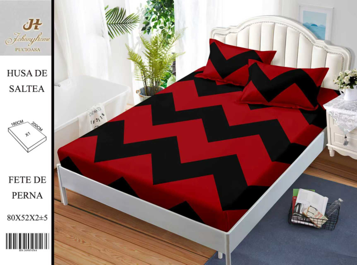 Husa Din Bumbac Satinat Cu Elastic Si Fete De Perna 180x200cm - Zig Zag Rosu Cu Negru [1]