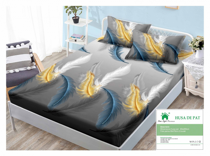 Husa Din Bumbac Tip Finet 90x200cm - Pene Albastre Aurii Si Albe [1]
