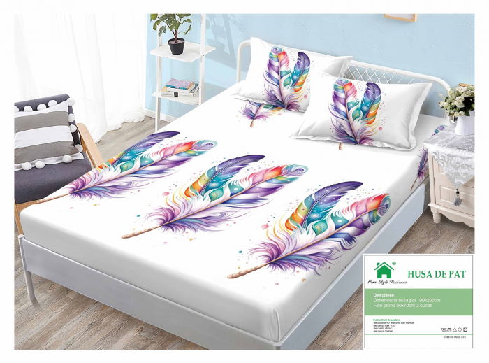 Husa Din Bumbac Tip Finet 90x200cm - Pene Colorate [1]