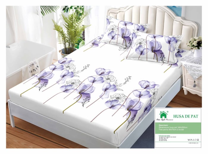 Husa Din Finet Cu Elastic Si Fete De Perna 140x200cm - Alb Cu Bujori Lila [1]