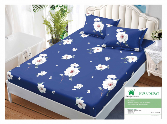 Husa Din Finet Cu Elastic Si Fete De Perna 140x200cm - Albastru Regal Cu Flori Albe [1]