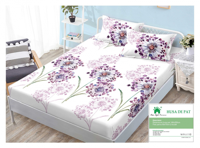 Husa Din Finet Cu Elastic Si Fete De Perna 140x200cm - Crem Cu Floricele Mov [1]