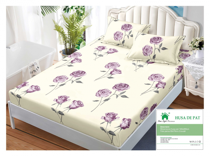 Husa Din Finet Cu Elastic Si Fete De Perna 140x200cm - Crem Cu Trandafiri [1]