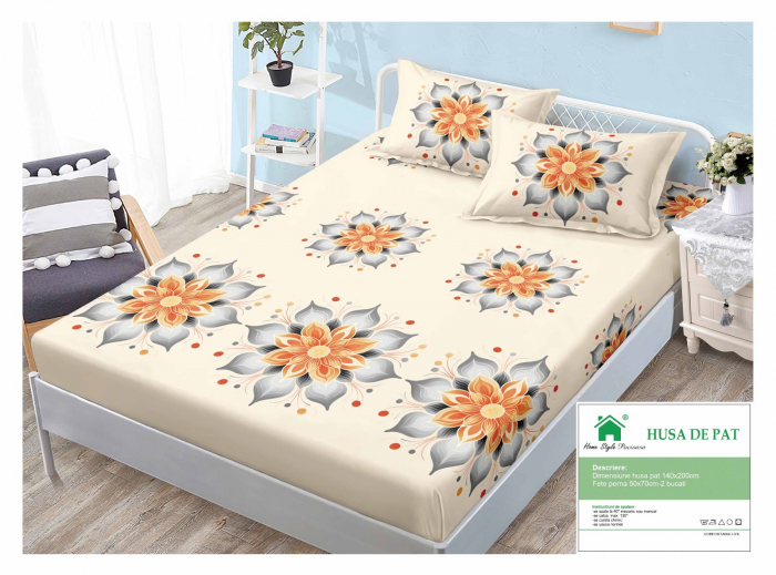 Husa Din Finet Cu Elastic Si Fete De Perna 140x200cm - Floare Indiana [1]