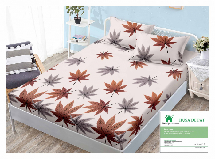 Husa Din Finet Cu Elastic Si Fete De Perna 140x200cm - Frunze Toamna [1]